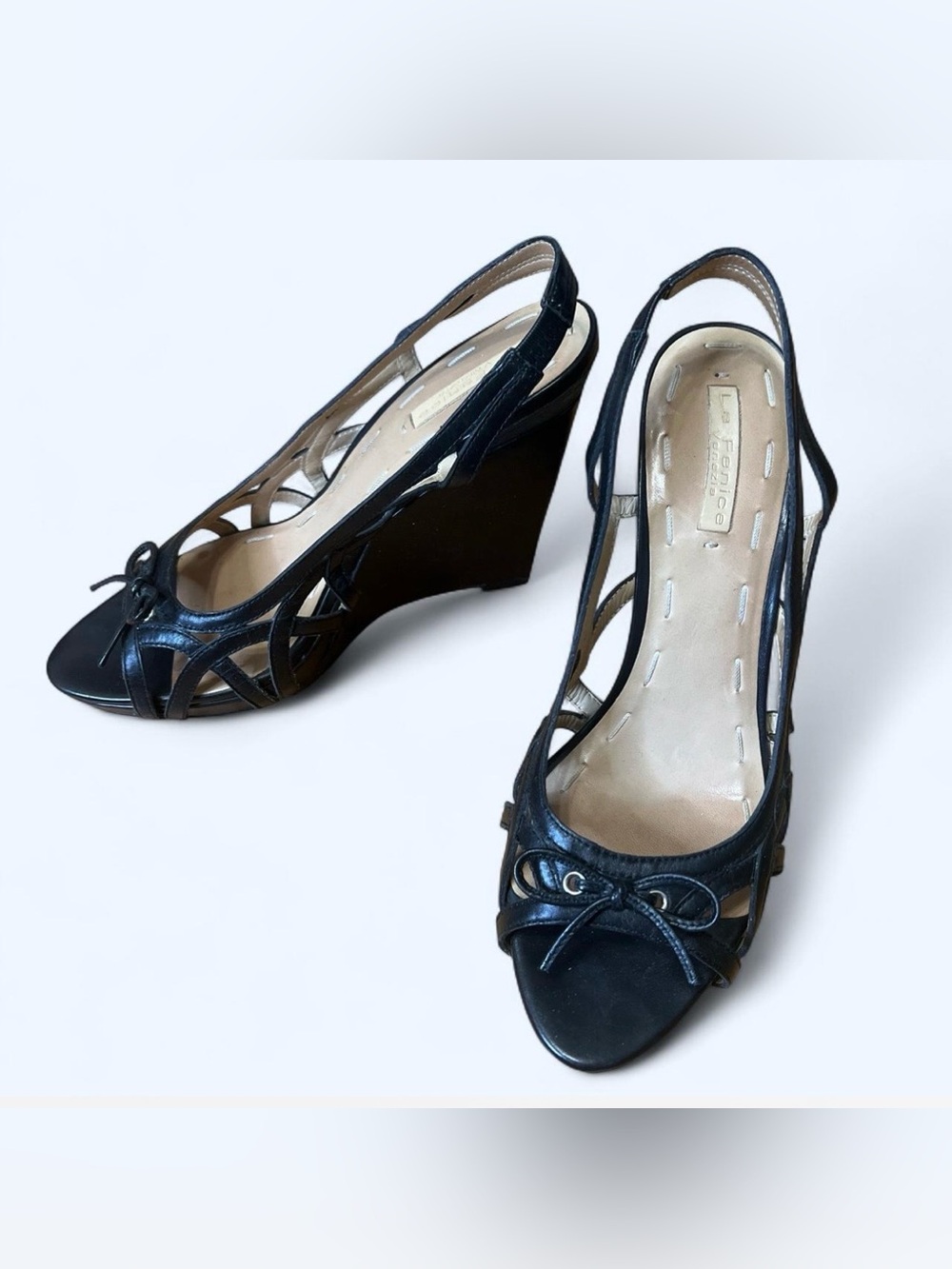 Black Wedge Slingback Heels with Cutout Detail